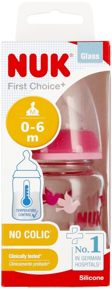 NUK BUTELKA SZKLANA Z WSKAŹNIKIEM TEMP. 120 ML 0-6M FIRST CHOICE RÓŻOWA 10747114 NUK