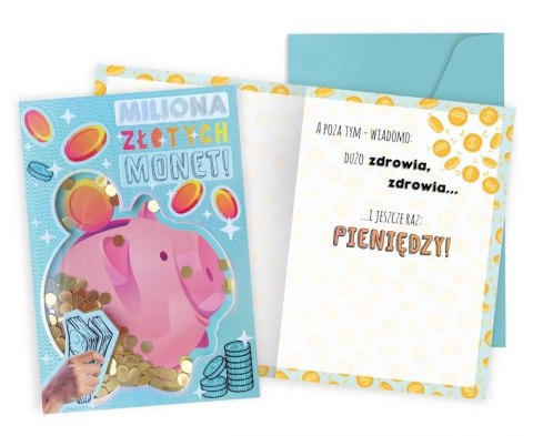 KARNET KONFETTI KNF-055 ŻYCZENIA ŚWINKA, MONETY PASSION CARDS - KARTKI