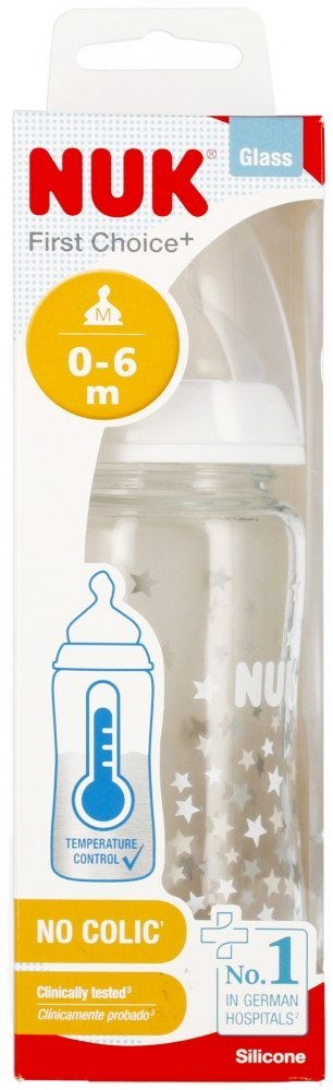 NUK BUTELKA SZKLANA Z WSKAŹNIKIEM TEMP. 240 ML 0-6M FIRST CHOICE MIX KOLORÓW 10745121 NUK