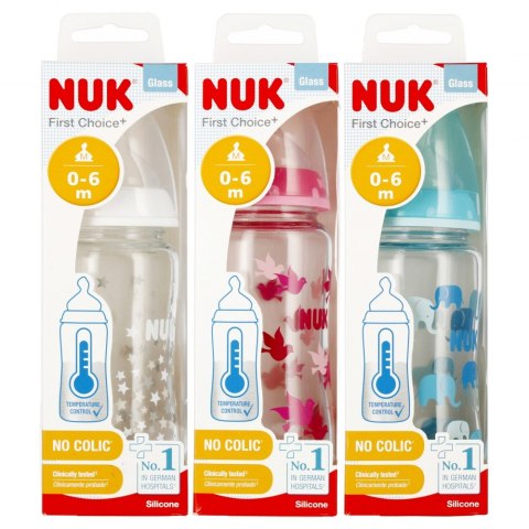 NUK BUTELKA SZKLANA Z WSKAŹNIKIEM TEMP. 240 ML 0-6M FIRST CHOICE MIX KOLORÓW 10745121 NUK